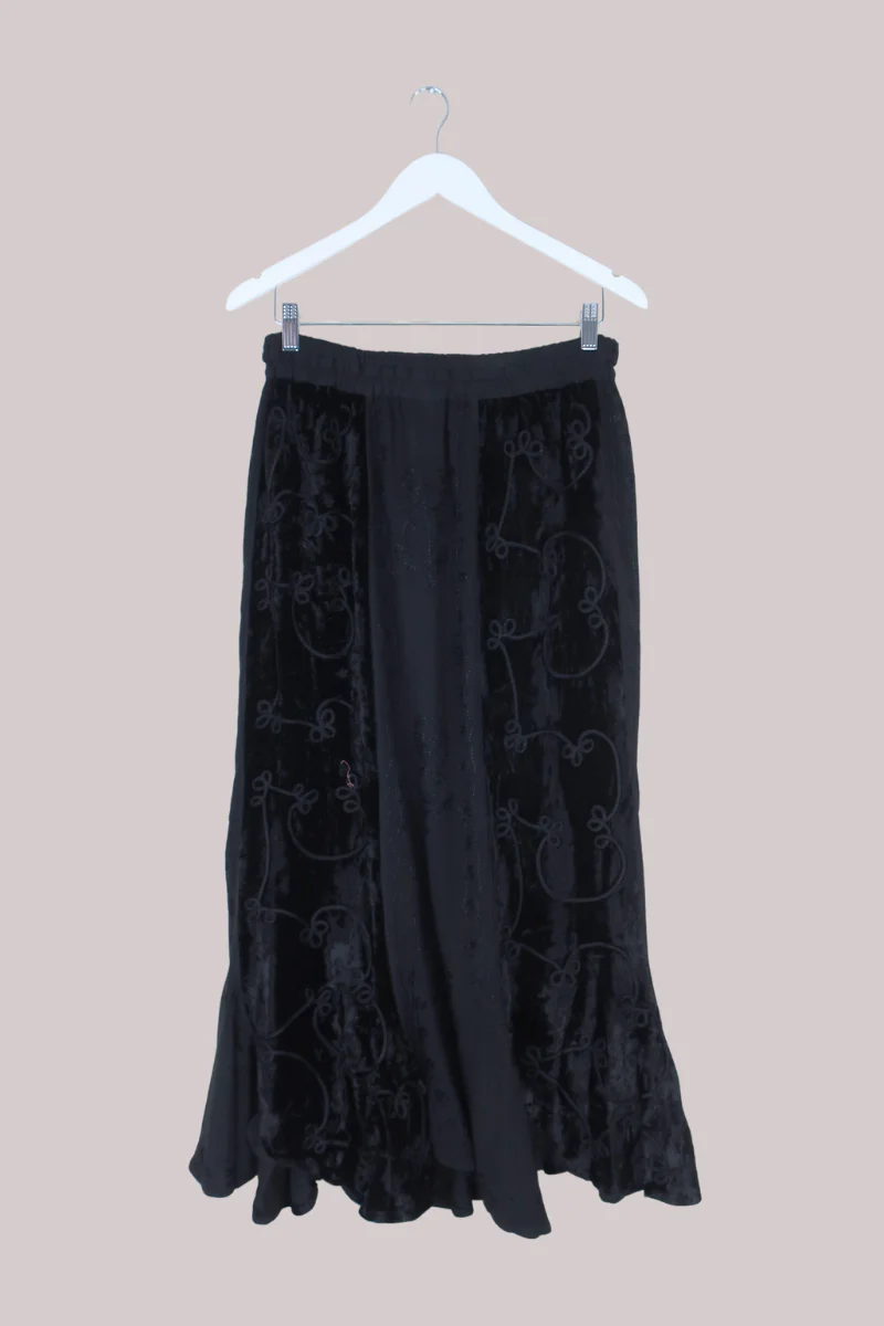 Embroidered Velvet Handkerchief Midi Skirt in Pitch Black - Image 3