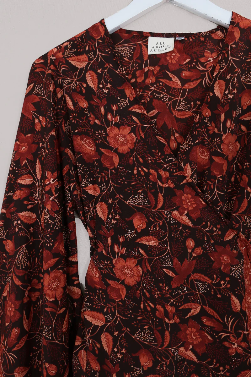 Venus Folklore Floral Long Wrap Top in Cedar Red - Image 3