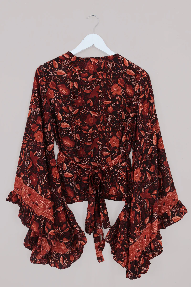 Venus Folklore Floral Long Wrap Top in Cedar Red - Image 4