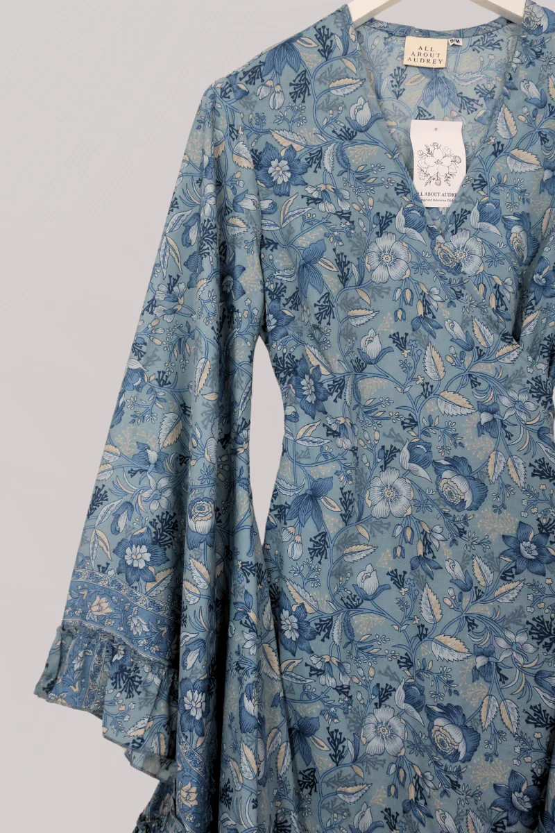Venus Folklore Floral Mini Wrap Dress in Forget-Me-Not Blue - Image 3