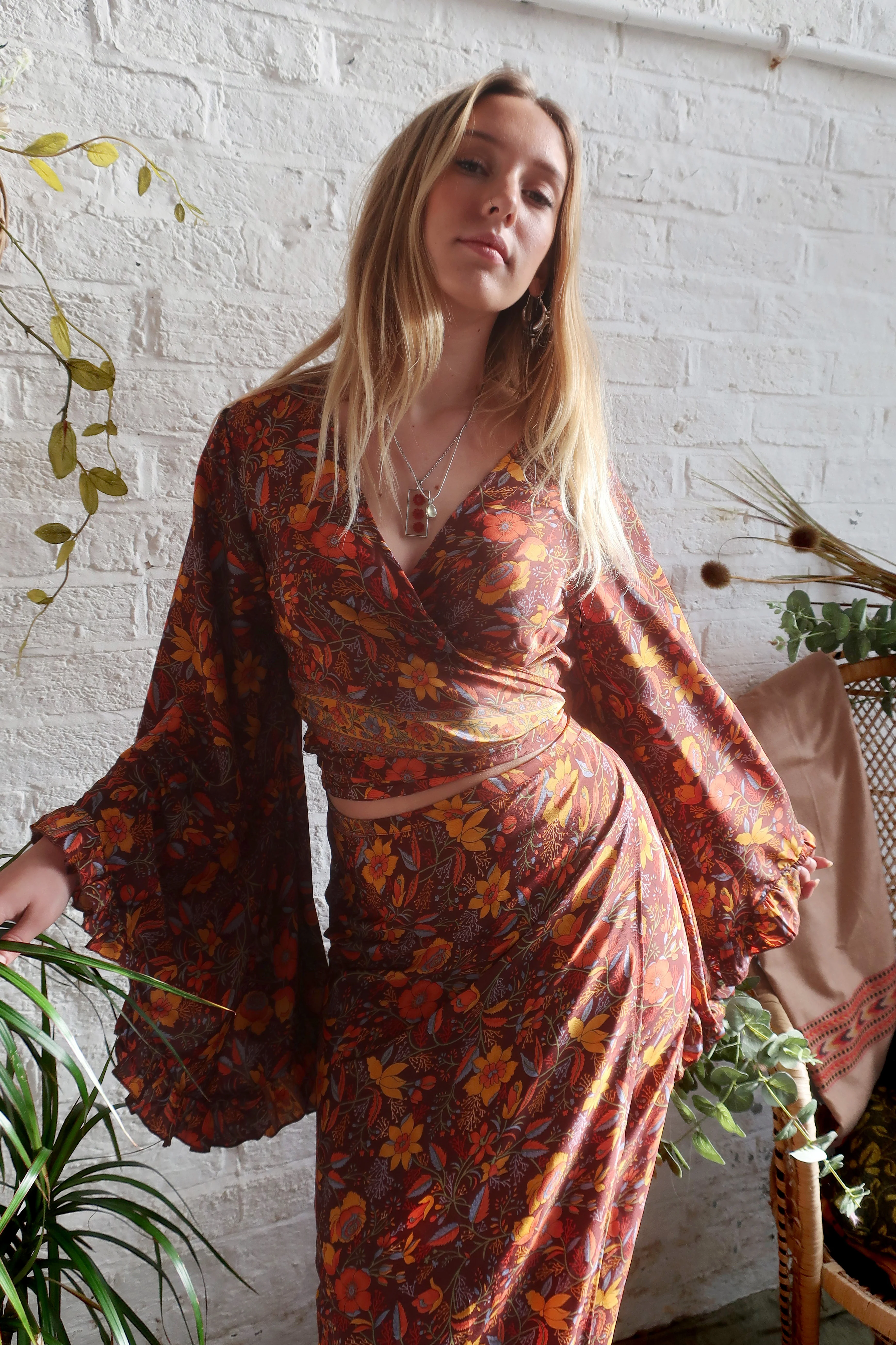 Venus Folklore Floral Wrap Top in Mahogany Brown - Image 5