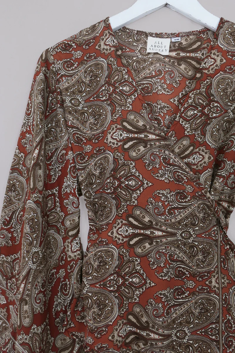 Venus Long Wrap Top in Sinatra Copper Mandala Paisley - Image 3