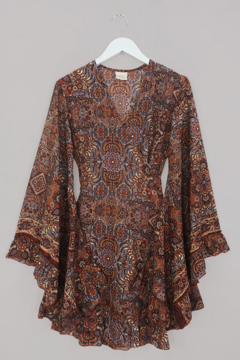 Venus Mini Wrap Dress in Jagger Lilac & Rust Mandala - Image 2