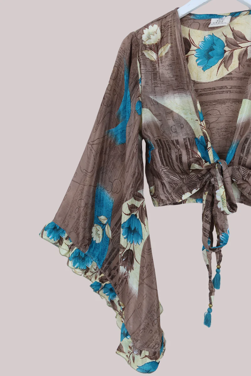 Venus Recycled Sari Wrap Top in Abstract Cedar & Teal Florals - Size S/M - Image 2