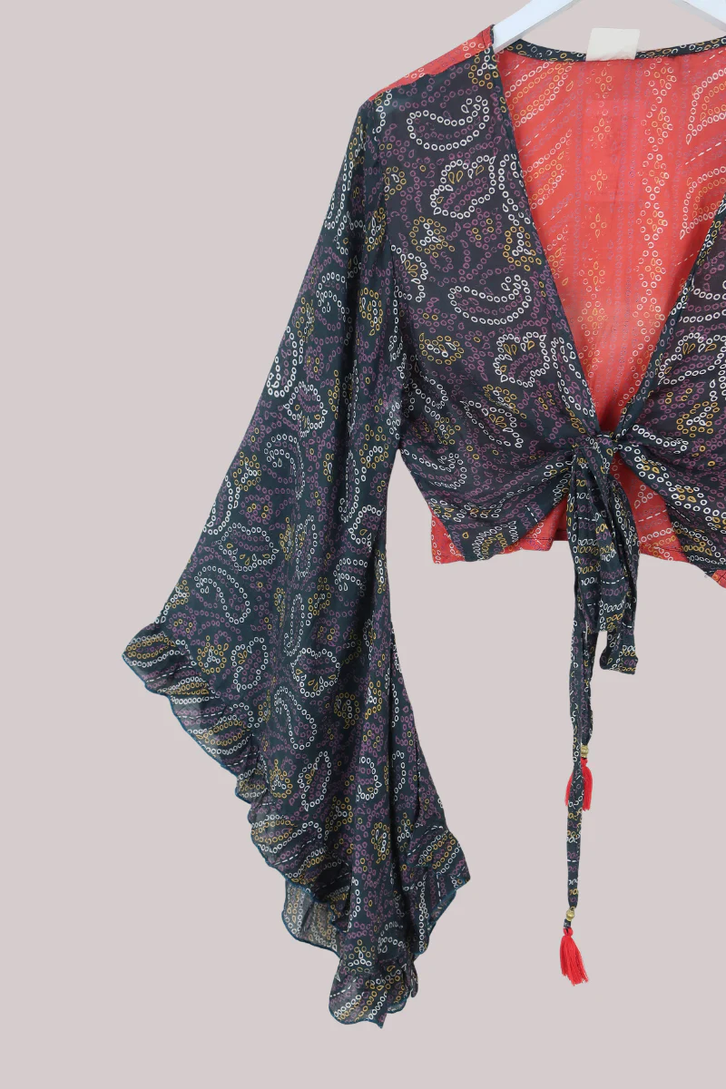Venus Recycled Sari Wrap Top in Abstract Polka Paisley - Size L - Image 2