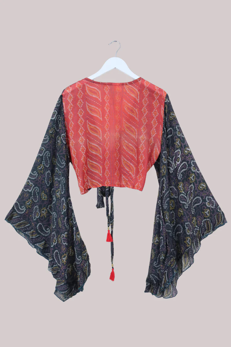 Venus Recycled Sari Wrap Top in Abstract Polka Paisley - Size L - Image 3