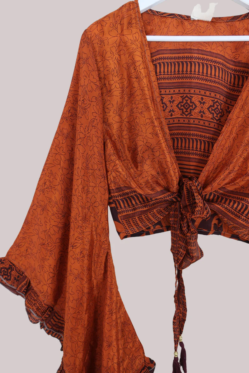 Venus Recycled Sari Wrap Top in Amber Tiger Floral - Size M/L - Image 2
