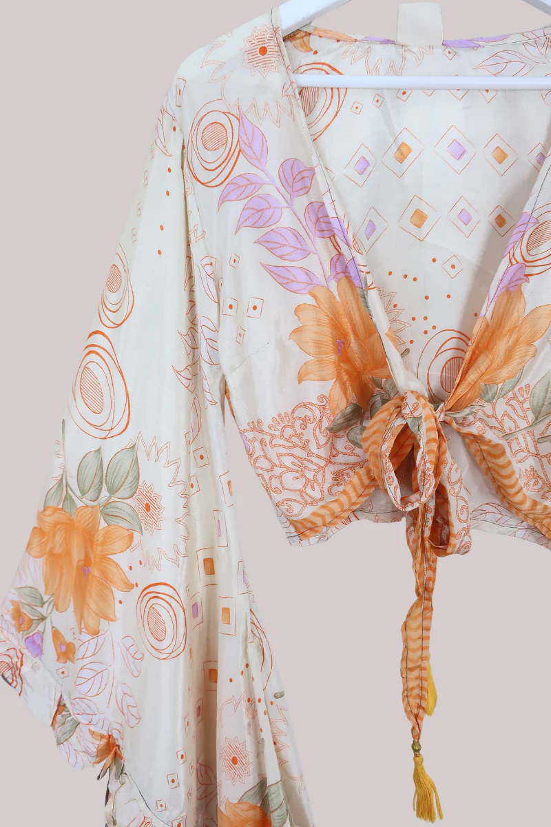 Venus Recycled Sari Wrap Top in Apricot & Orchid - Size S/M - Image 2