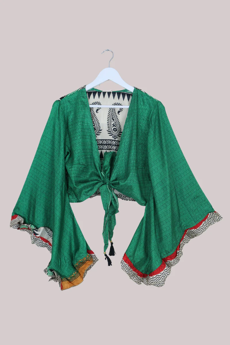 Venus Recycled Sari Wrap Top in Bamboo Green Tiles - Size M/L