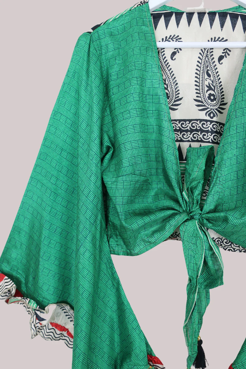 Venus Recycled Sari Wrap Top in Bamboo Green Tiles - Size M/L - Image 2