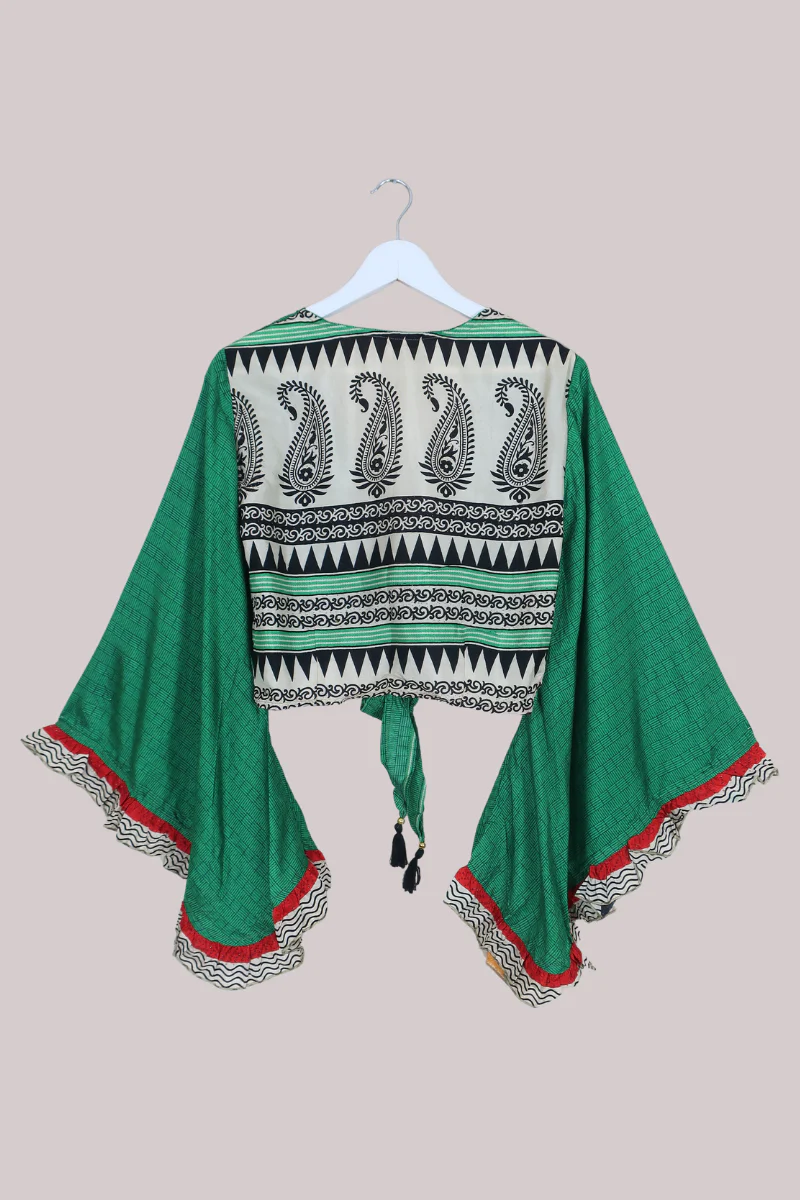 Venus Recycled Sari Wrap Top in Bamboo Green Tiles - Size M/L - Image 3