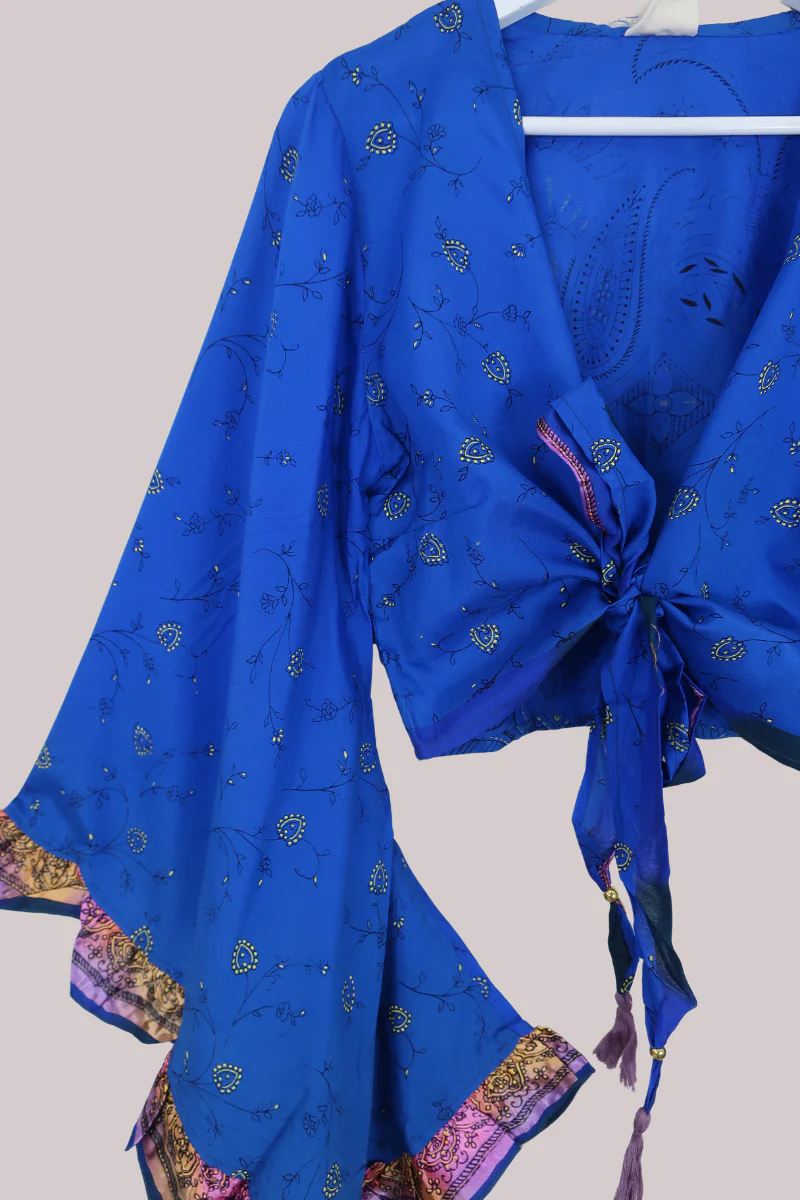 Venus Recycled Sari Wrap Top in Blue Diamond Floral - Size M/L - Image 2