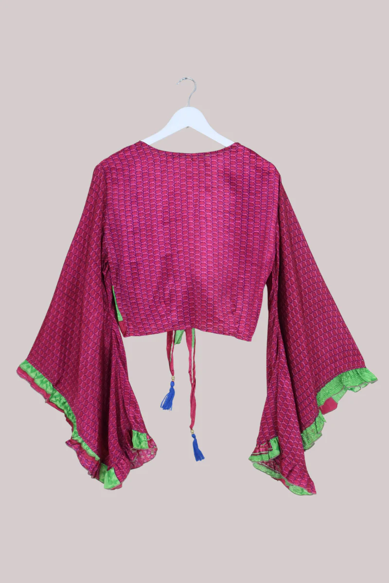 Venus Recycled Sari Wrap Top in Cerise Pink Tile Floral - Size M/L - Image 3