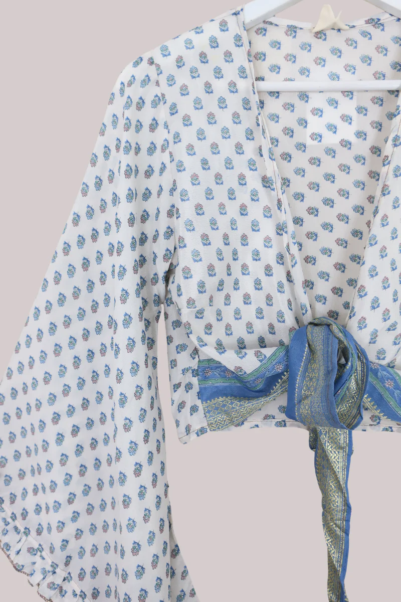 Venus Recycled Sari Wrap Top in Cerulean Blue Bedspread Floral - Size S/M - Image 2