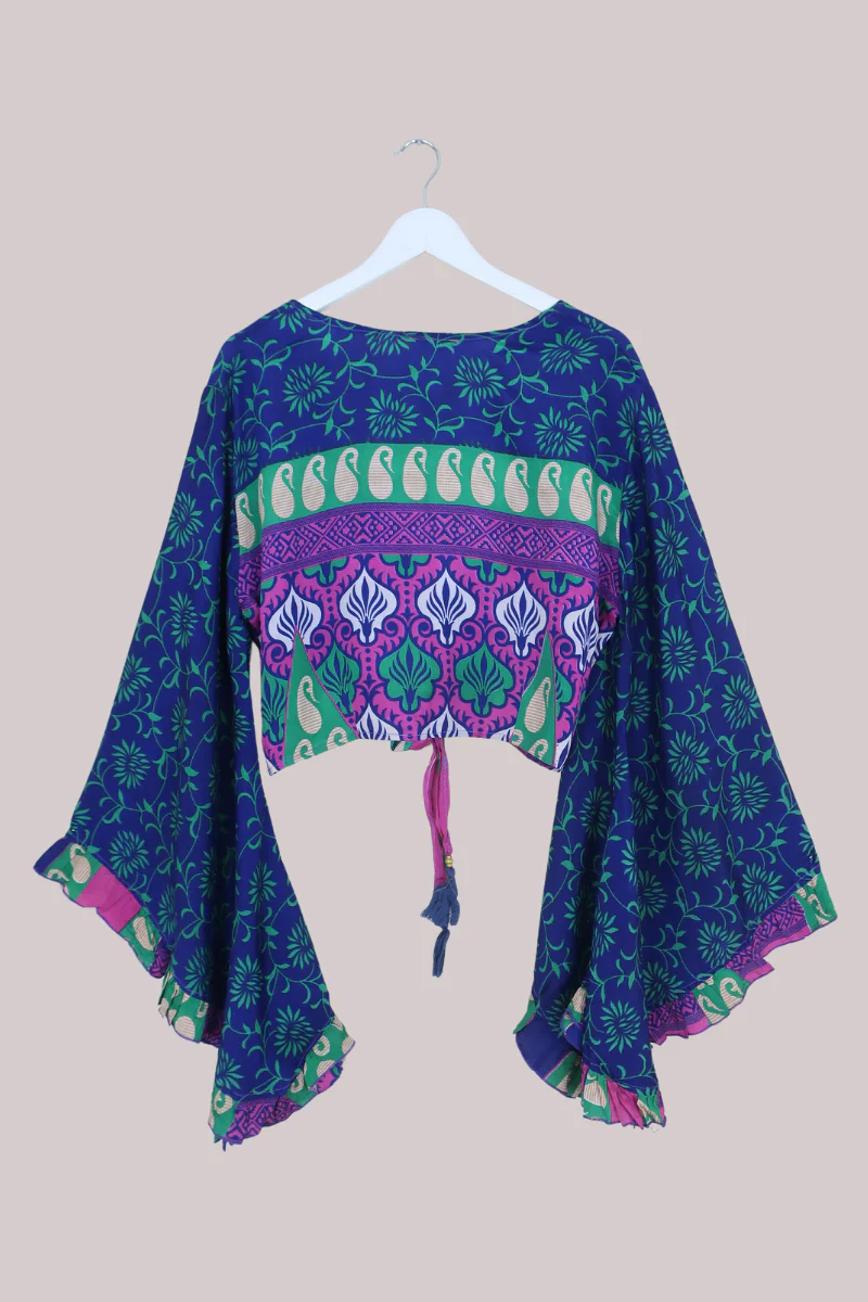 Venus Recycled Sari Wrap Top in Cobalt & Green Floral - Size M/L - Image 3