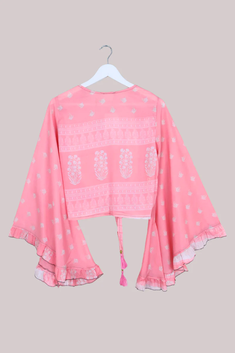 Venus Recycled Sari Wrap Top in Coral Pink Flowerbeds - Size S/M - Image 3