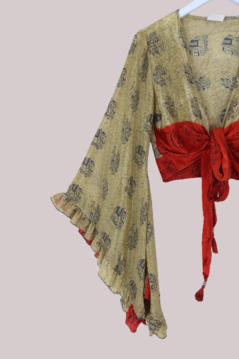 Venus Recycled Sari Wrap Top in Crimson & Gold Elephants - Size M/L - Image 2