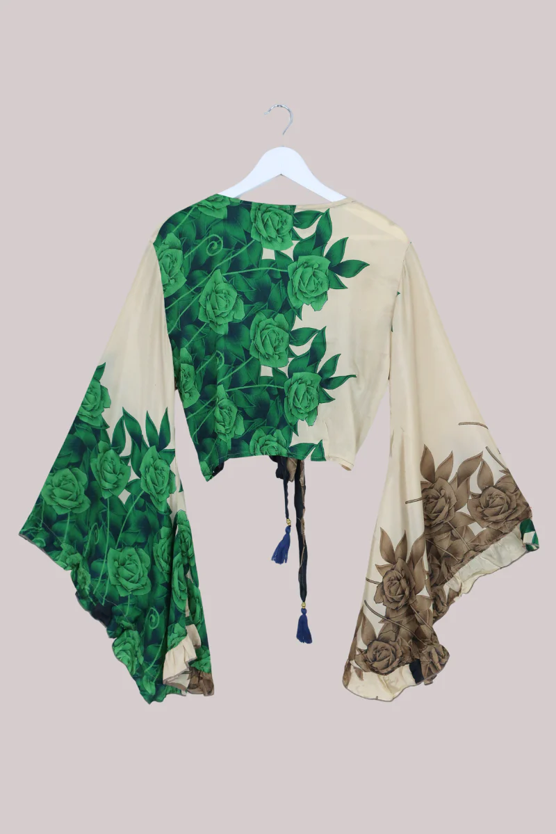 Venus Recycled Sari Wrap Top in Emerald Green Roses - Size M/L - Image 3
