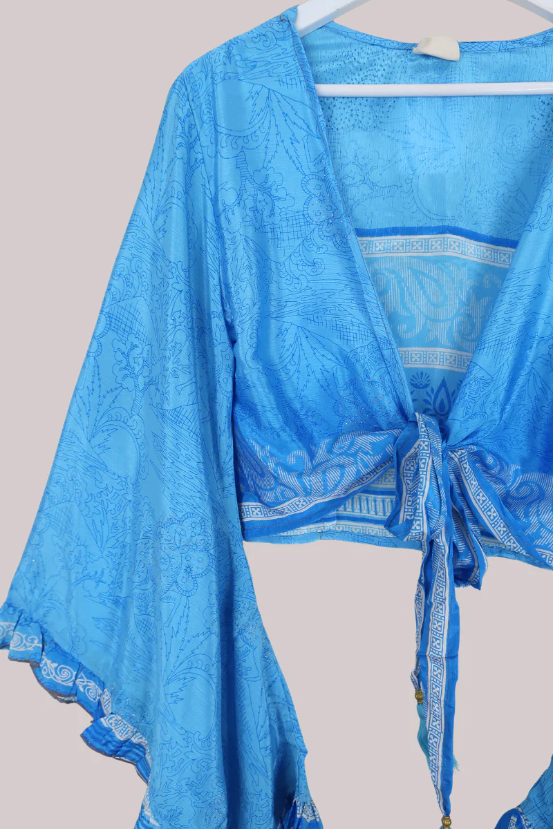 Venus Recycled Sari Wrap Top in Glittering Blue Tranquility - Size M/L - Image 2