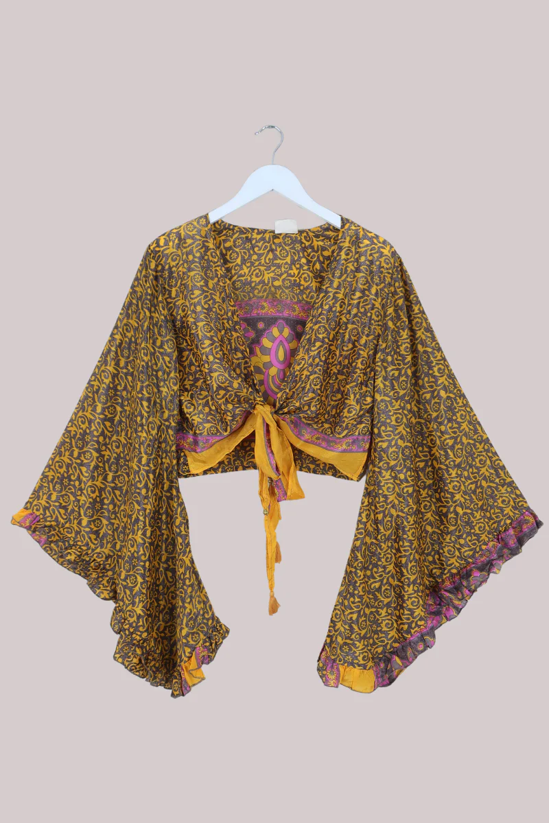 Venus Recycled Sari Wrap Top in Golden Honeydew Florals - Size M/L