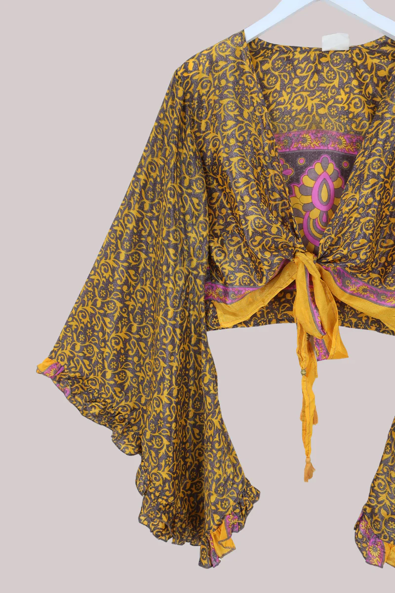 Venus Recycled Sari Wrap Top in Golden Honeydew Florals - Size M/L - Image 2