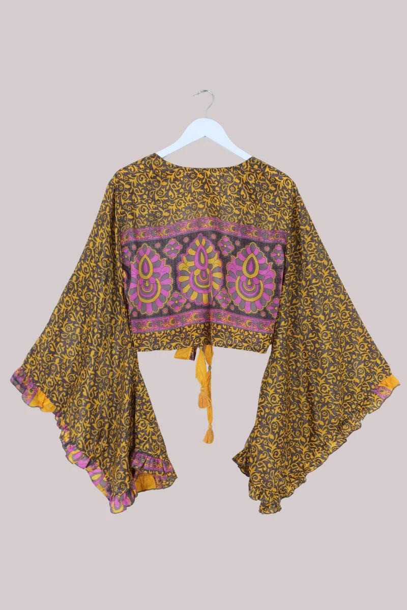 Venus Recycled Sari Wrap Top in Golden Honeydew Florals - Size M/L - Image 3