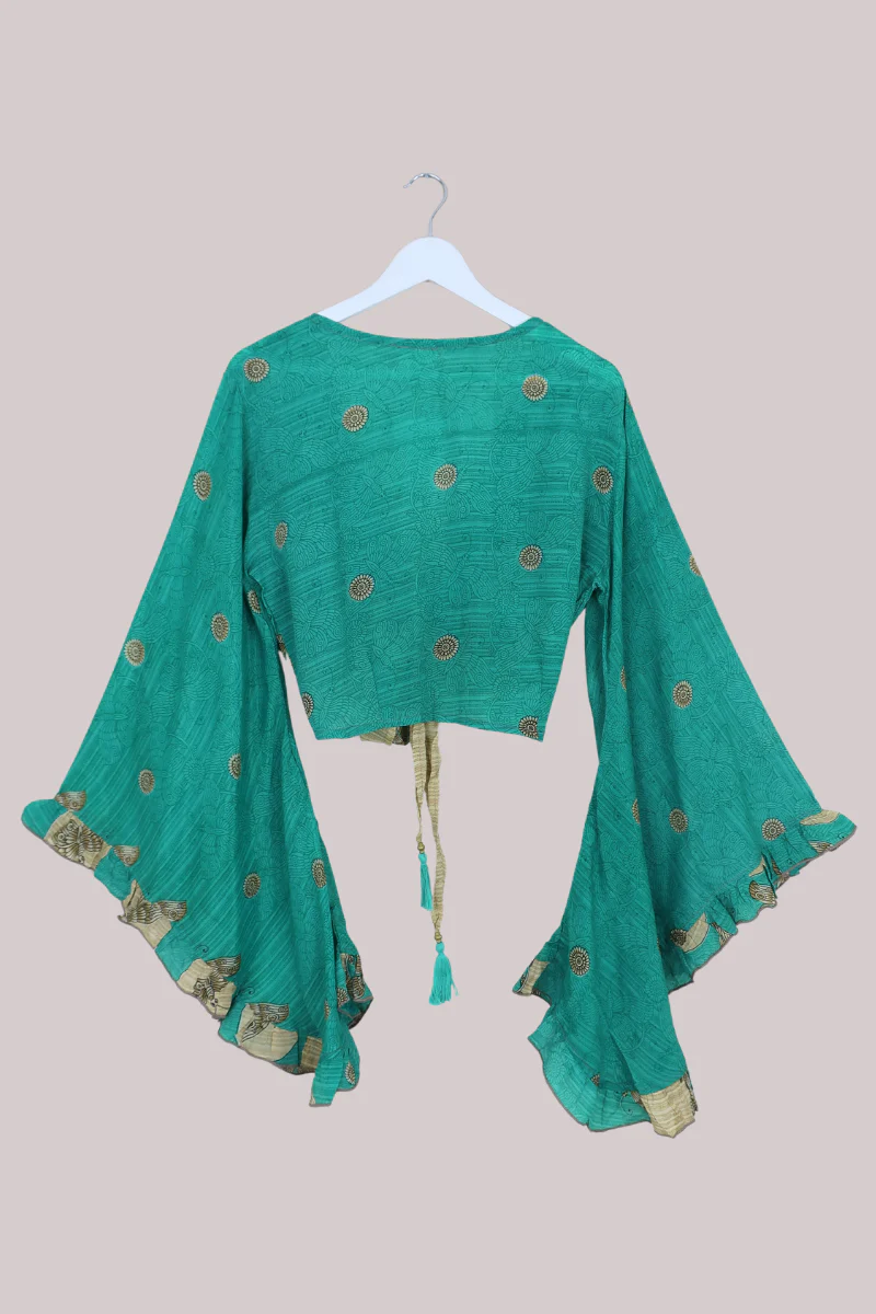 Venus Recycled Sari Wrap Top in Green Garden Butterflies - Size M/L - Image 3