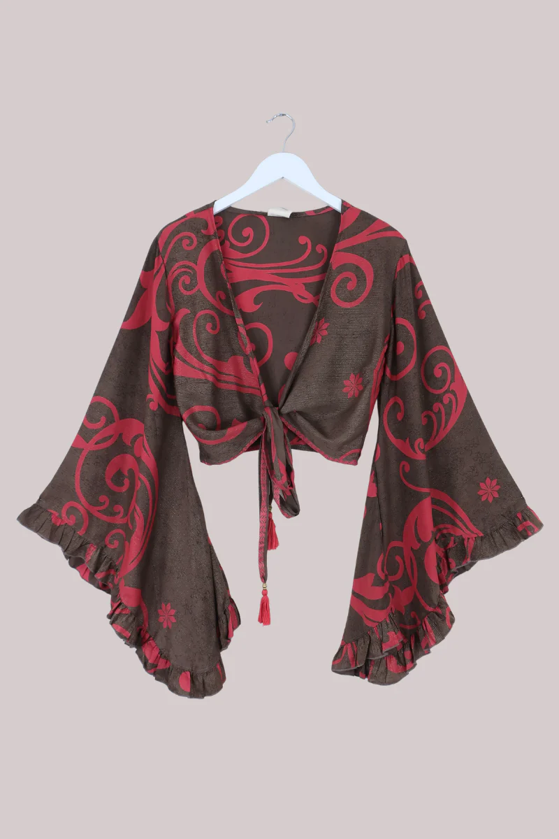 Venus Recycled Sari Wrap Top in Hazelnut Berry Swirls - Size S/M