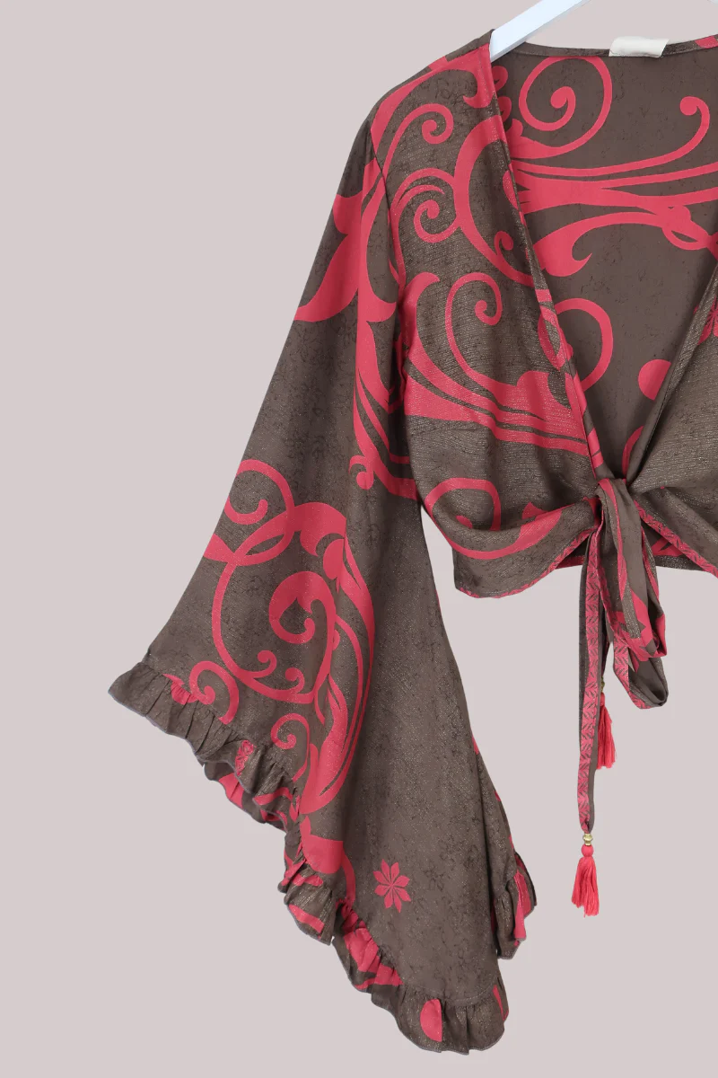 Venus Recycled Sari Wrap Top in Hazelnut Berry Swirls - Size S/M - Image 2