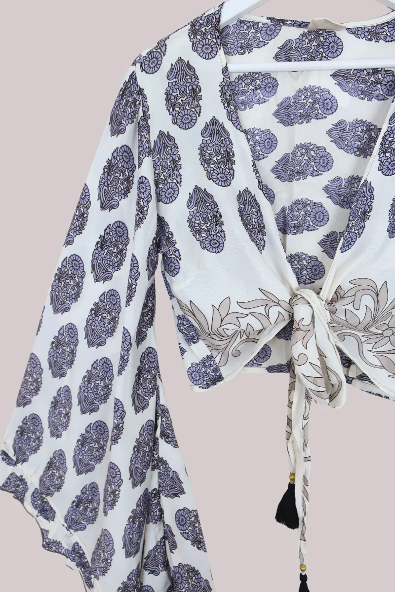 Venus Recycled Sari Wrap Top in Icy Purple Hyacinths - Size S/M - Image 2