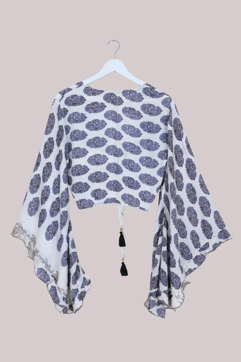 Venus Recycled Sari Wrap Top in Icy Purple Hyacinths - Size S/M - Image 3