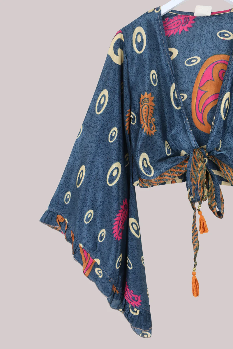 Venus Recycled Sari Wrap Top in Mercury Blue Paisley - Size S/M - Image 2