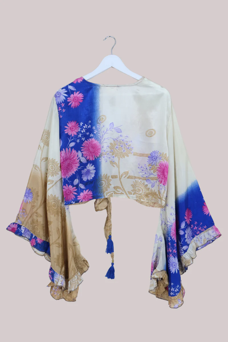 Venus Recycled Sari Wrap Top in Pampas Grass & Pink Chrysanthemums- Size M/L - Image 3