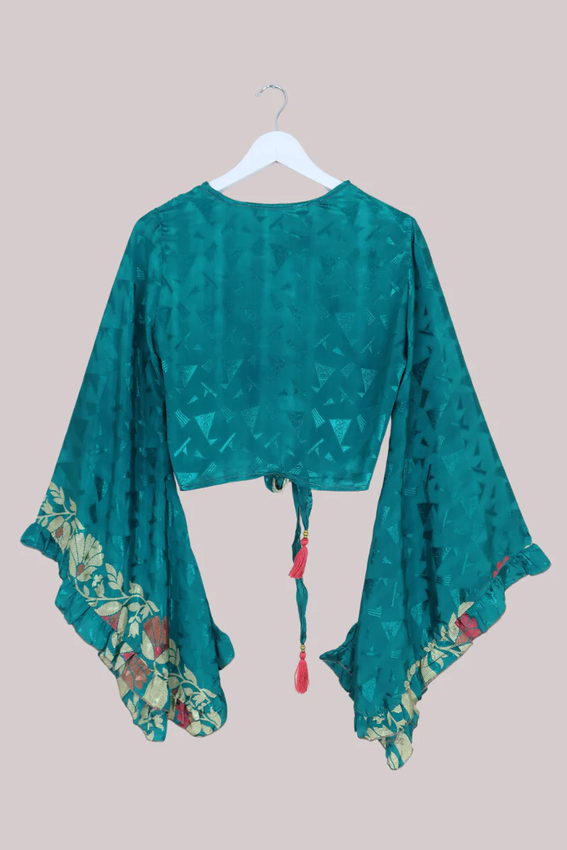 Venus Recycled Sari Wrap Top in Peacock Green Shimmer - Size S/M - Image 3