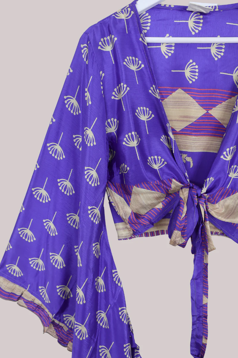 Venus Recycled Sari Wrap Top in Periwinkle Blue Dandelion Seeds - Size M/L - Image 2