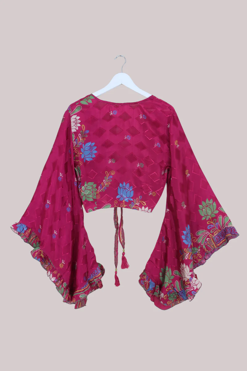Venus Recycled Sari Wrap Top in Pink Magenta Floral Shimmer - Size M/L - Image 3