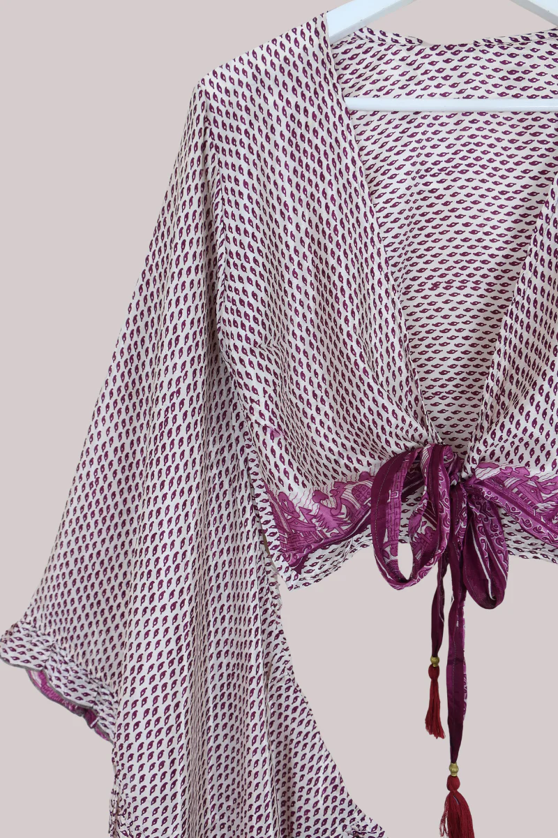Venus Recycled Sari Wrap Top in Plum Purple Falling Leaves - Size S/M - Image 2