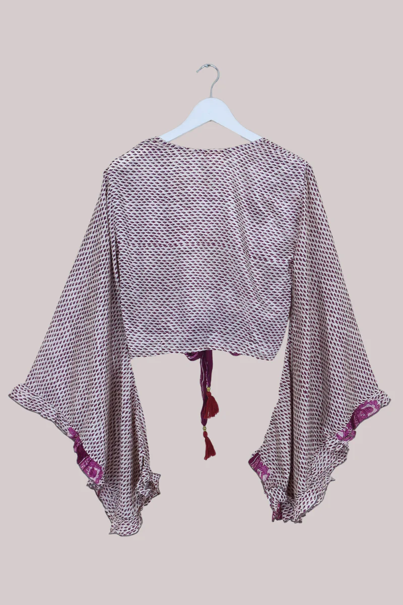 Venus Recycled Sari Wrap Top in Plum Purple Falling Leaves - Size S/M - Image 3