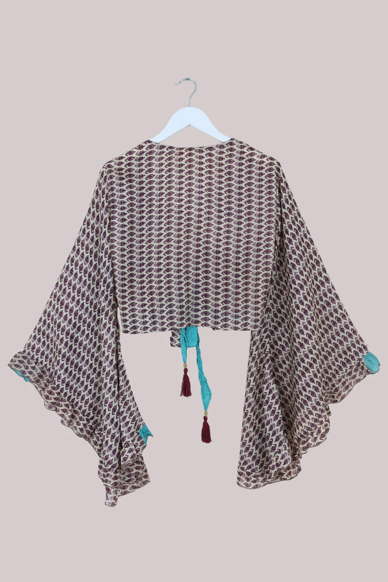Venus Recycled Sari Wrap Top in Plum Wine Floral Motif - Size S/M - Image 3