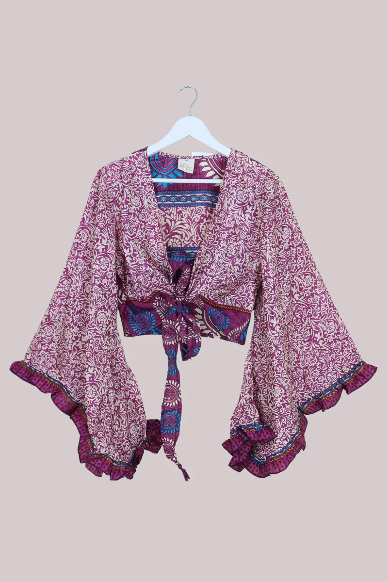 Venus Recycled Sari Wrap Top in Purple & Ivory Floral - Size M/L