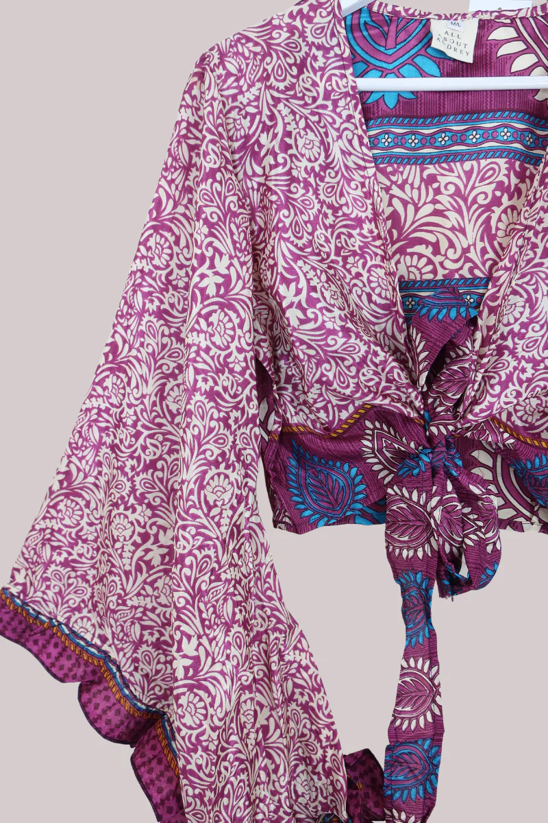 Venus Recycled Sari Wrap Top in Purple & Ivory Floral - Size M/L - Image 2