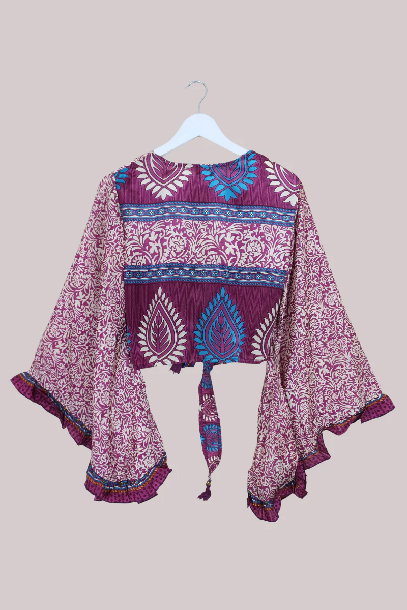 Venus Recycled Sari Wrap Top in Purple & Ivory Floral - Size M/L - Image 3