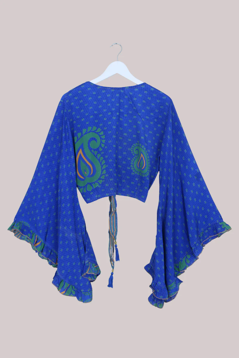 Venus Recycled Sari Wrap Top in Sapphire Blue Paisley Buds - Size M/L - Image 3