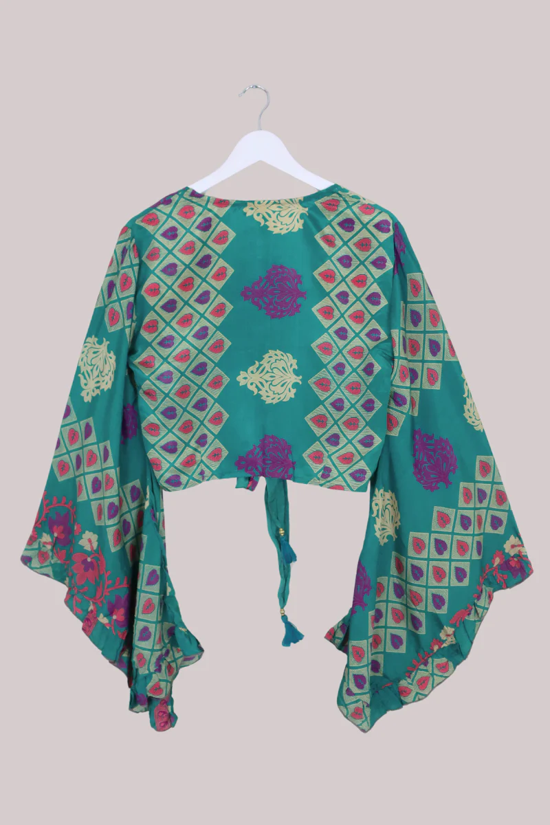 Venus Recycled Sari Wrap Top in Seafoam Green Leaf Tiles - Size S/M - Image 3