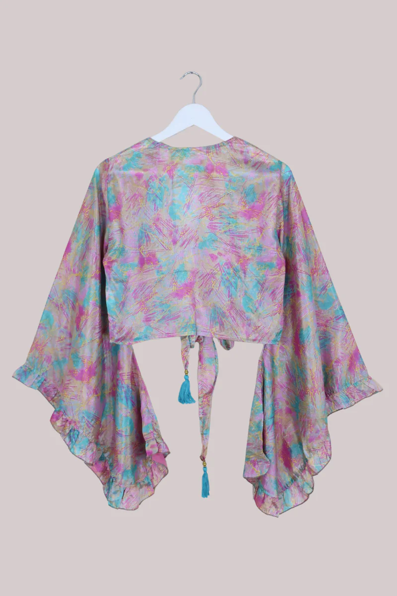 Venus Recycled Sari Wrap Top in Sheer Pastel Pink & Blue Abstract - Size S/M - Image 3