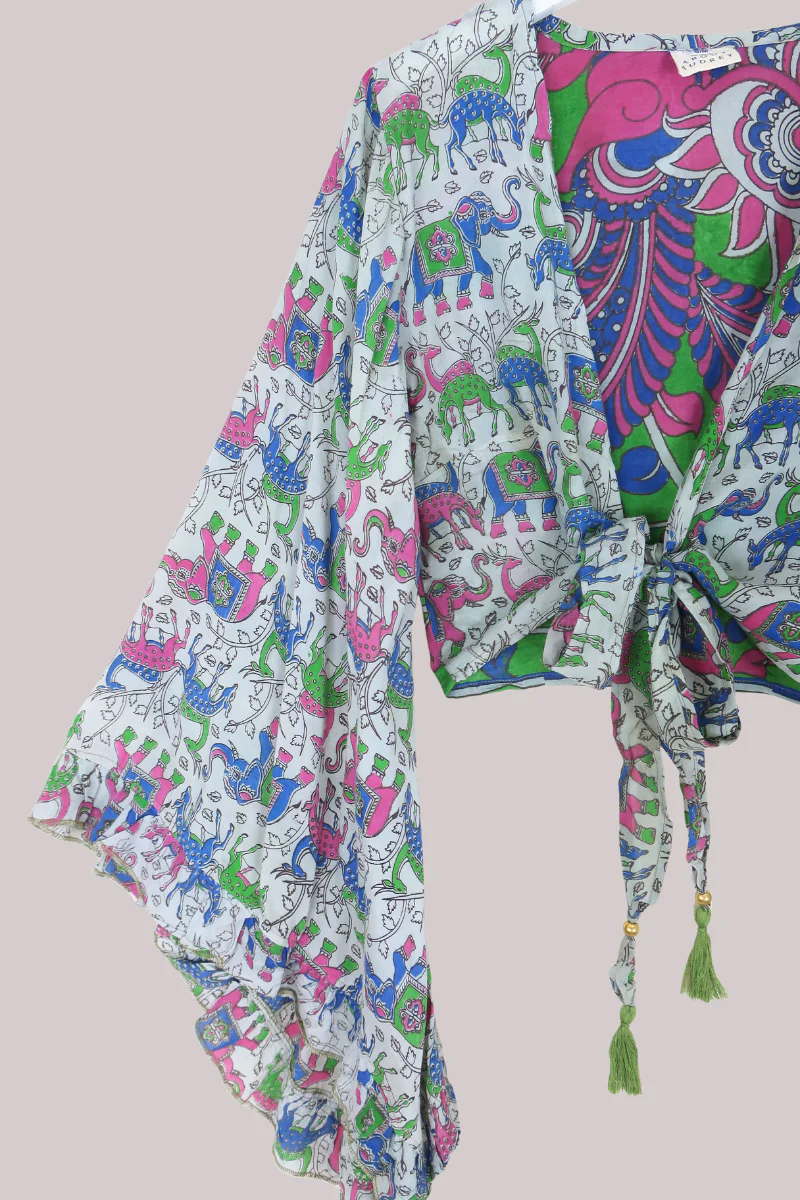 Venus Vintage Cotton Wrap Top in Colourful Safari Wildlife - Size S/M - Image 2