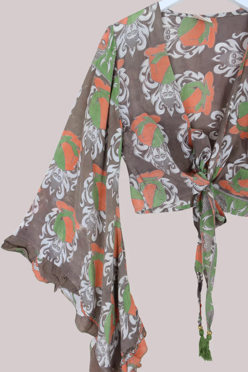 Venus Vintage Cotton Wrap Top in Earth Tones Meditation - Size S/M - Image 2