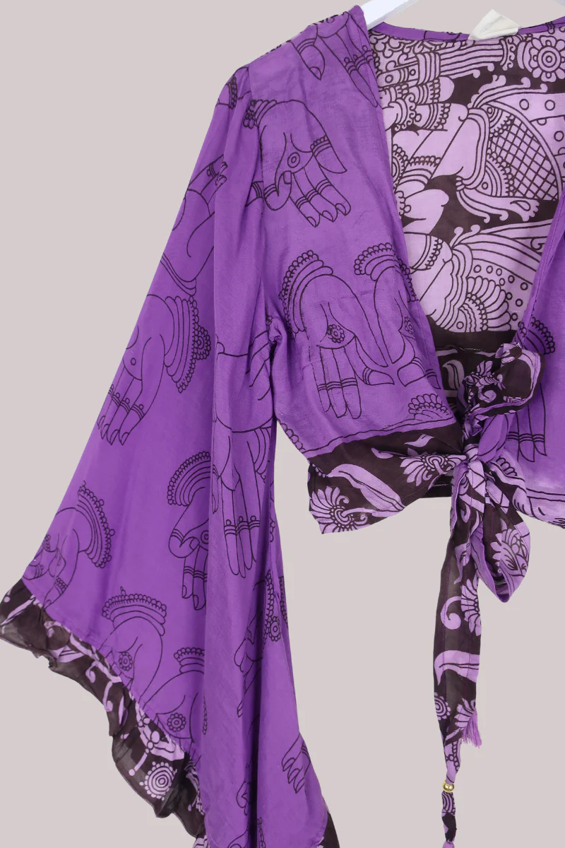 Venus Vintage Cotton Wrap Top in Royal Purple Henna - Size M/L - Image 2