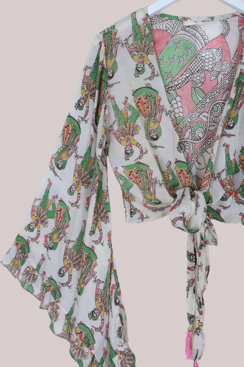 Venus Vintage Cotton Wrap Top in Sage & Pink Tapestry - Size S/M - Image 2