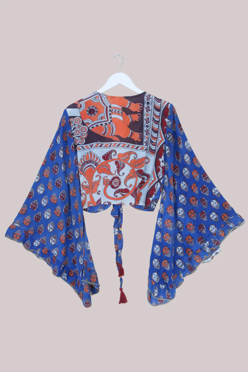 Venus Vintage Cotton Wrap Top in Sunset Sky Elephants - Size S/M - Image 3